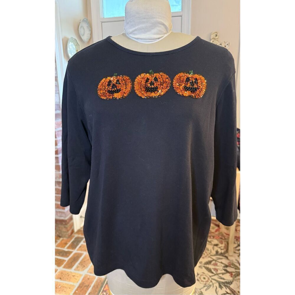 Hampshire Studio Halloween Sequin Pumpkin T-Shirt Black 3/4 sleeves Sz 1X